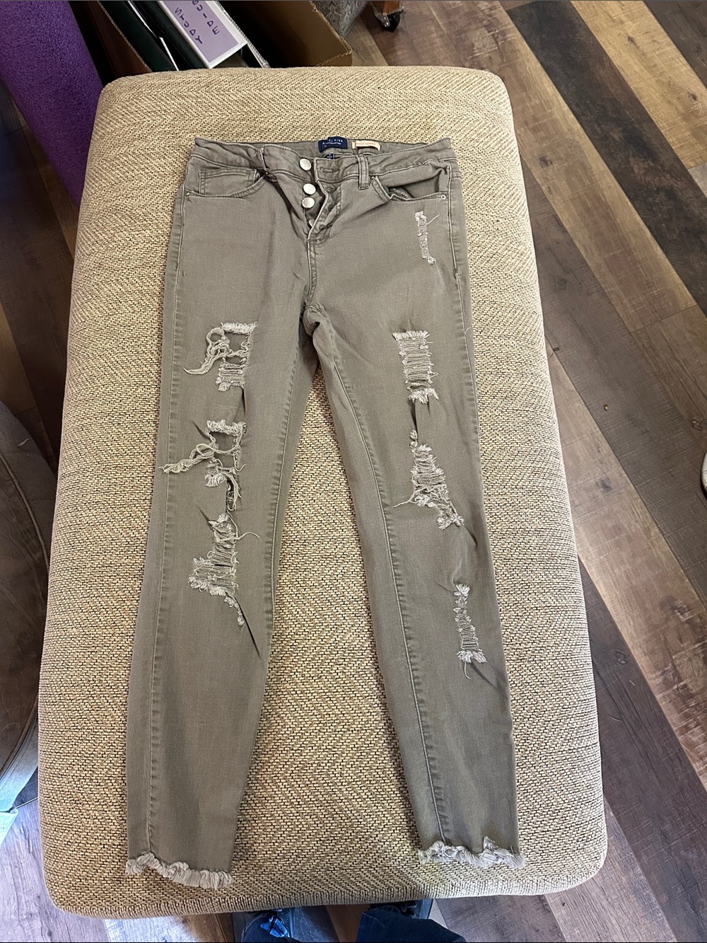 Angel Kiss Olive-Taupe Distressed Skinny Jeans